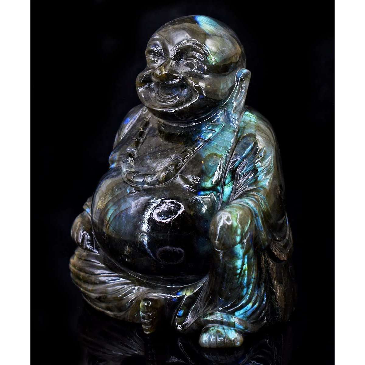 gemsmore:Exclusive Amazing Flash Labradorite Hand Carved Laughing Buddha