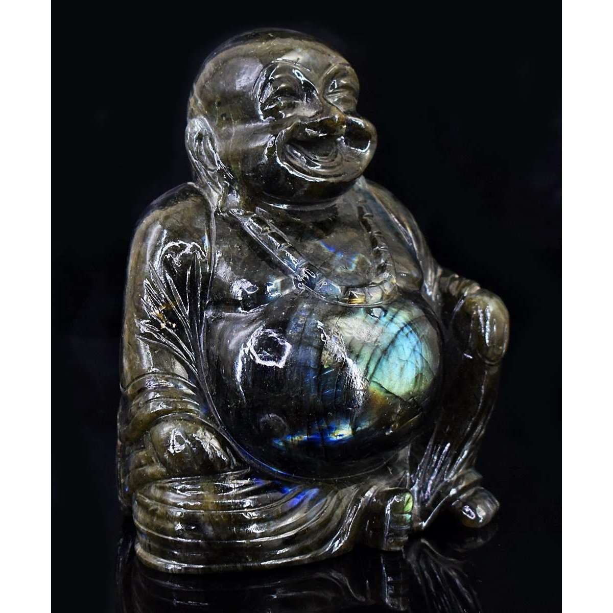 gemsmore:Exclusive Amazing Flash Labradorite Hand Carved Laughing Buddha