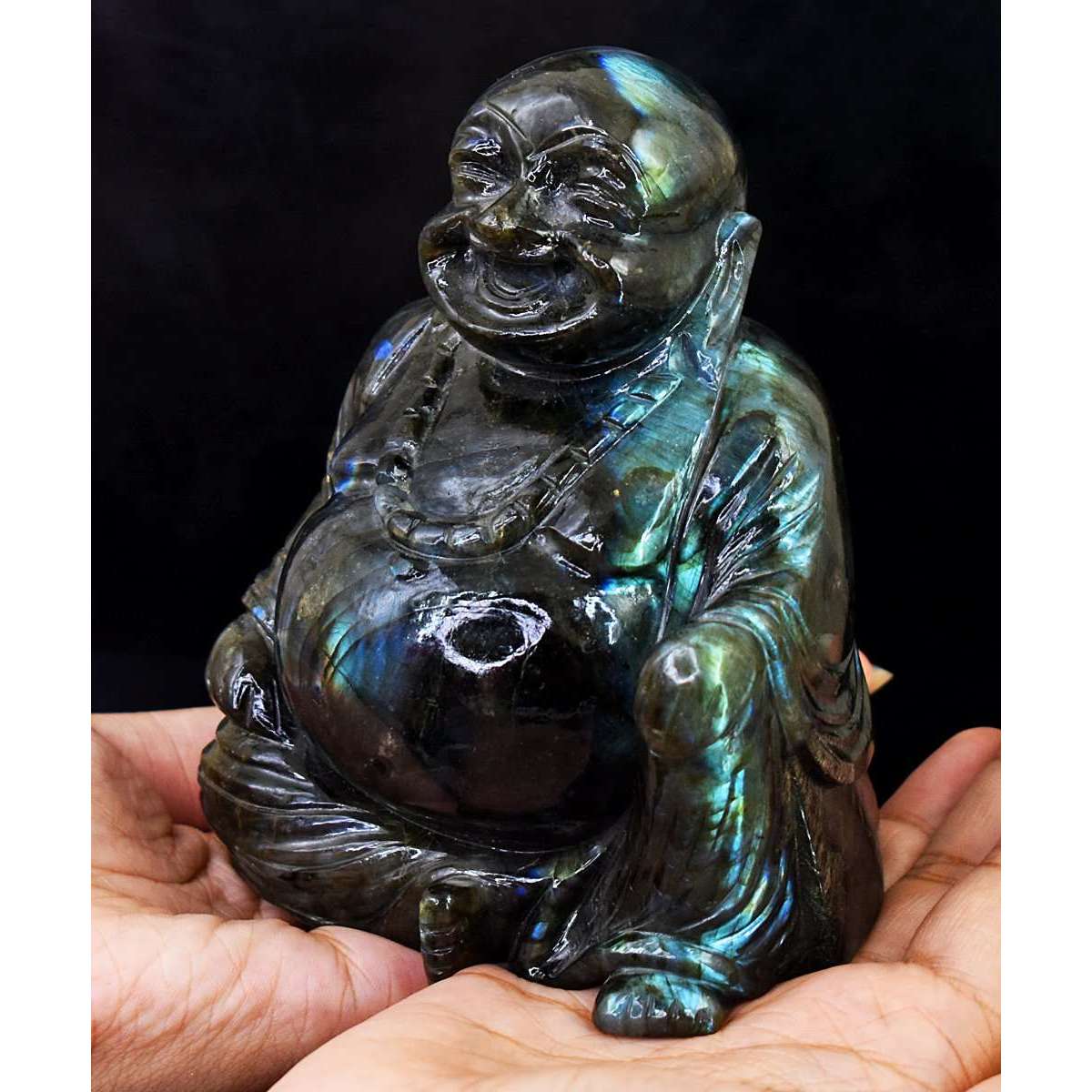 gemsmore:Exclusive Amazing Flash Labradorite Hand Carved Laughing Buddha