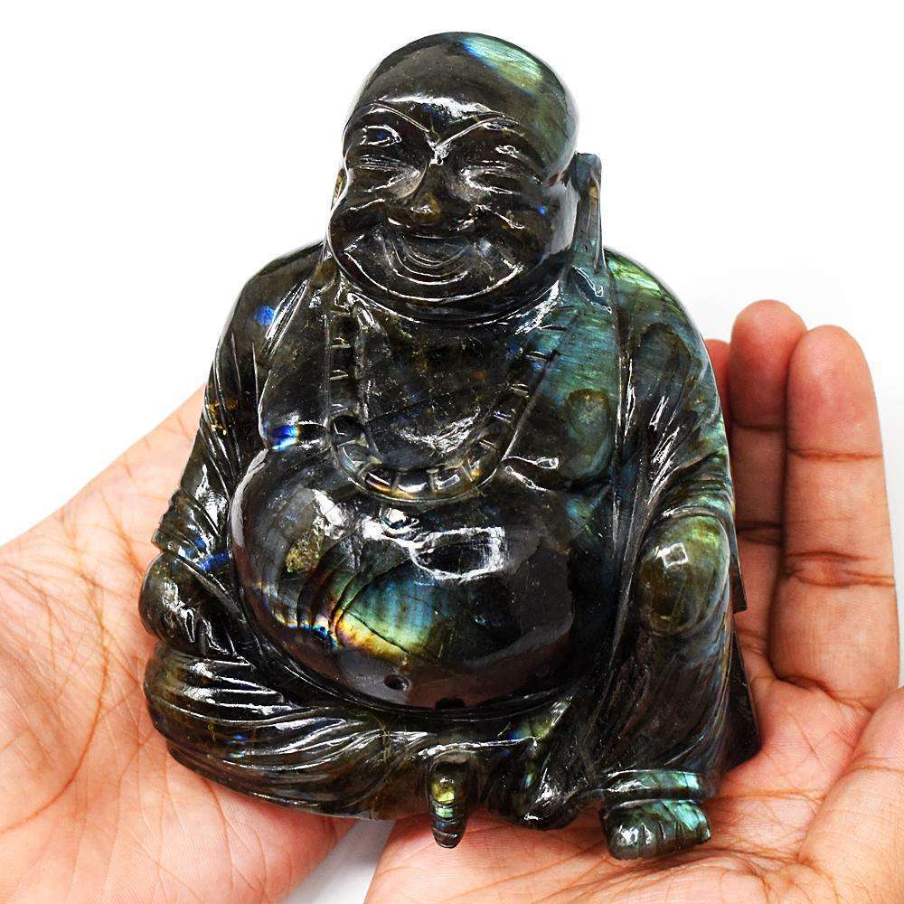 gemsmore:Exclusive Amazing Flash Labradorite Hand Carved Laughing Buddha