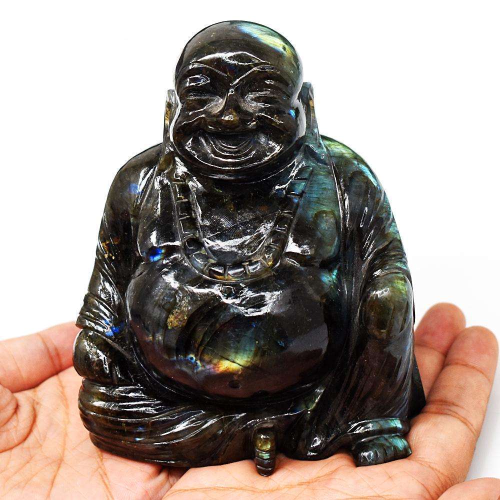 gemsmore:Exclusive Amazing Flash Labradorite Hand Carved Laughing Buddha