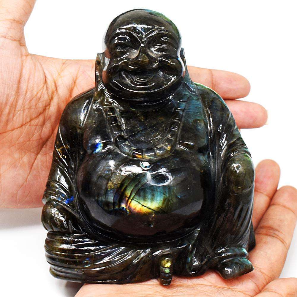 gemsmore:Exclusive Amazing Flash Labradorite Hand Carved Laughing Buddha