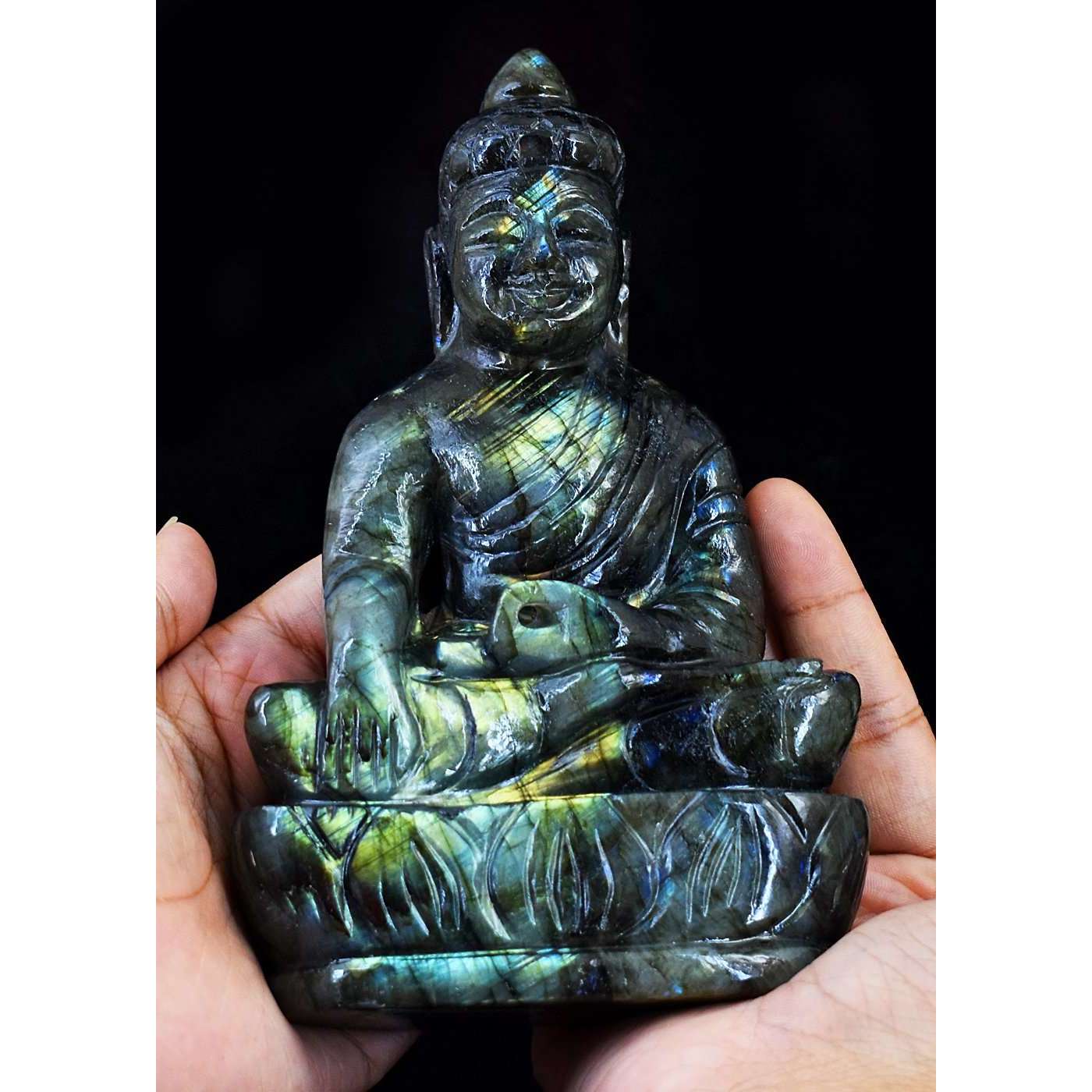 gemsmore:Exclusive Amazing Flash Labradorite Hand Carved Lord Buddha