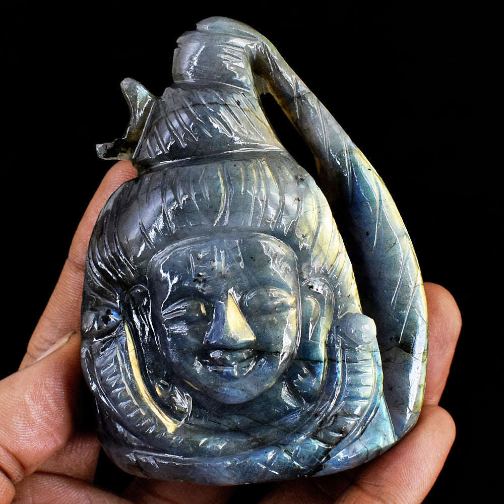 gemsmore:Exclusive  Amazing Flash Labradorite Hand Carved Lord Shiva Head