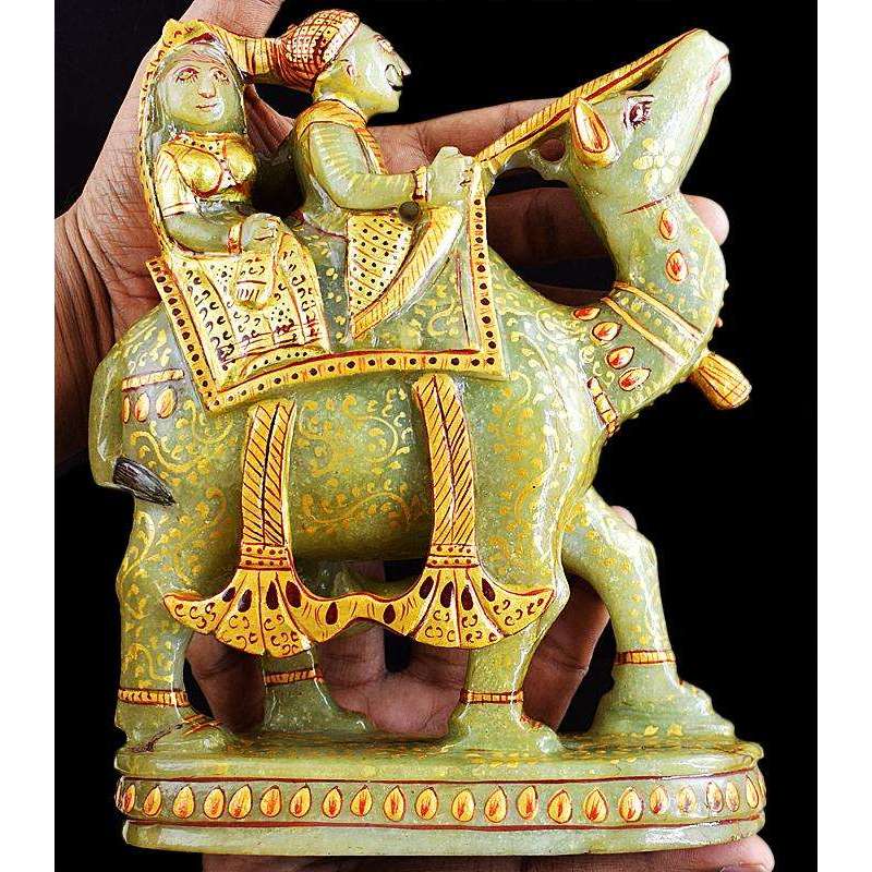 gemsmore:Exclusive Aventurine Enamel Painted Hand Carved Couple On Camel