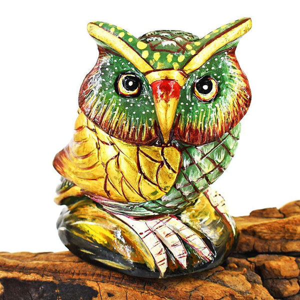 gemsmore:Exclusive Aventurine Enamel Printed Hand Carved Owl