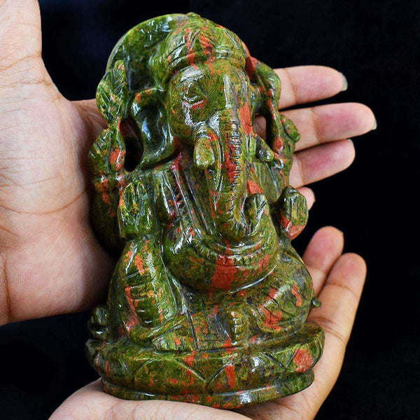 gemsmore:Exclusive Blood Green Unakite Hamd Carved Lord Ganesha