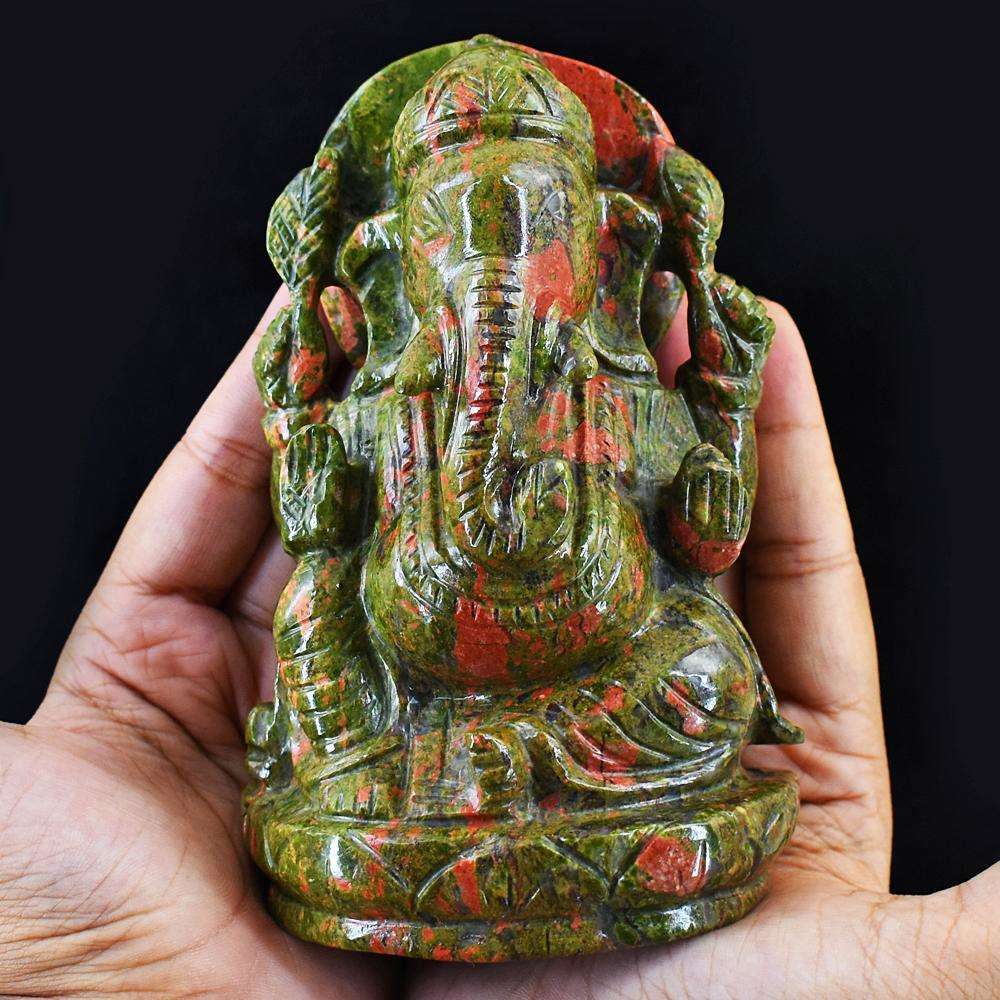 gemsmore:Exclusive Blood Green Unakite Hamd Carved Lord Ganesha