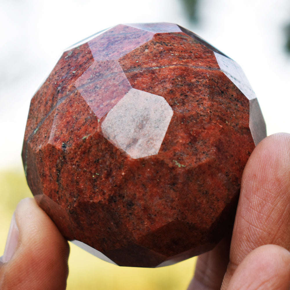 gemsmore:Exclusive Blood Green Unakite Hand Carved Faceted Crystal Healing Sphere