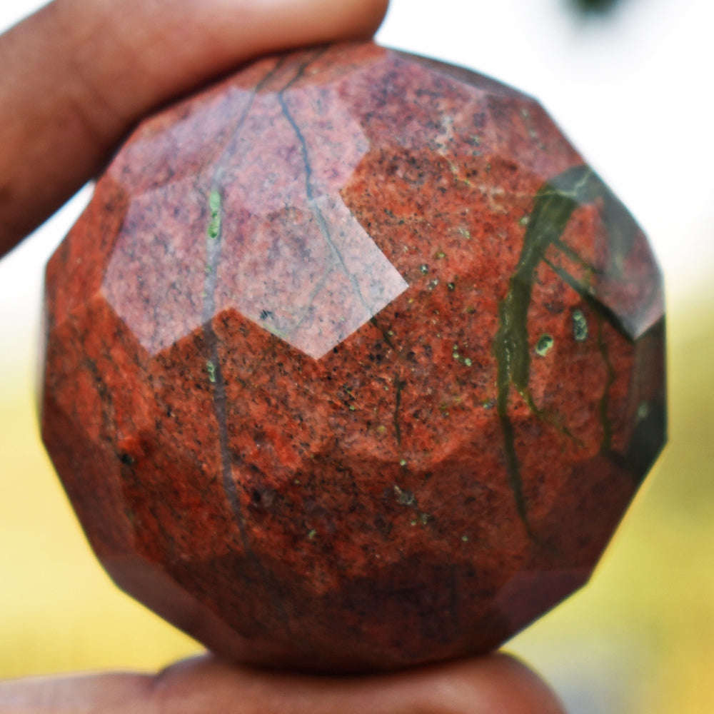 gemsmore:Exclusive Blood Green Unakite Hand Carved Faceted Crystal Healing Sphere