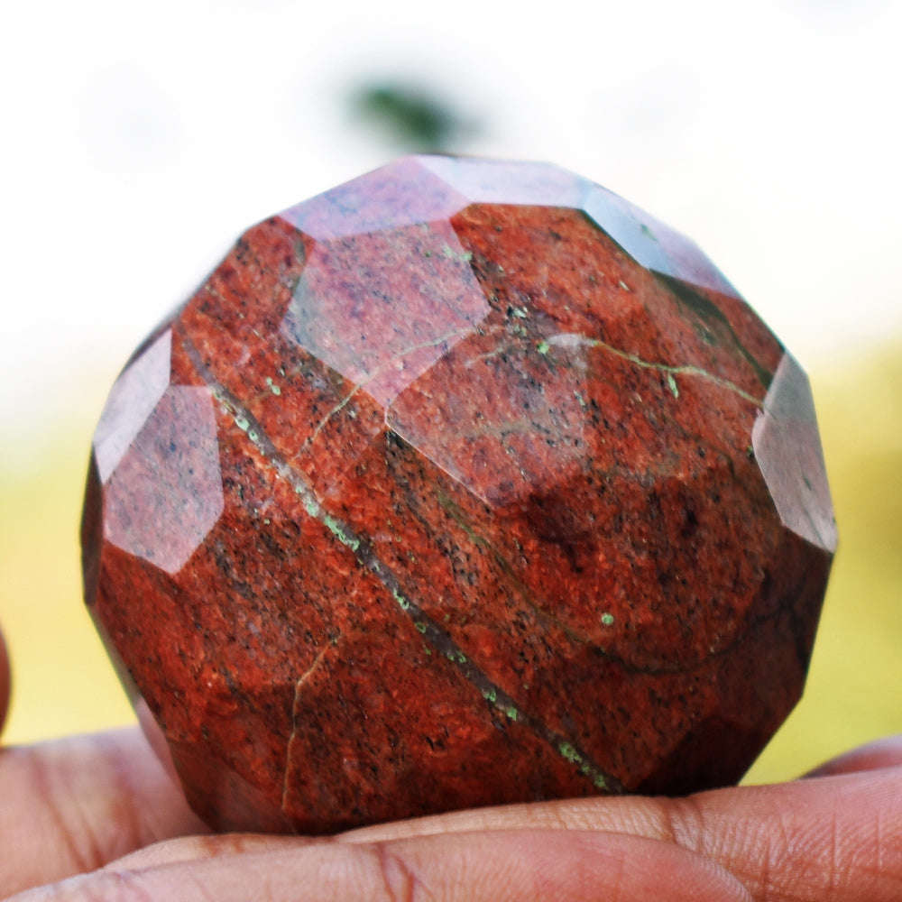 gemsmore:Exclusive Blood Green Unakite Hand Carved Faceted Crystal Healing Sphere