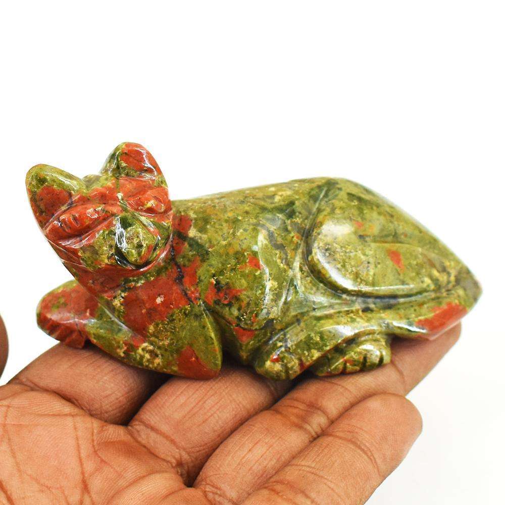 gemsmore:Exclusive Blood Green Unakite Hand Carved Genuine Crystal Gemstone Carving Cat