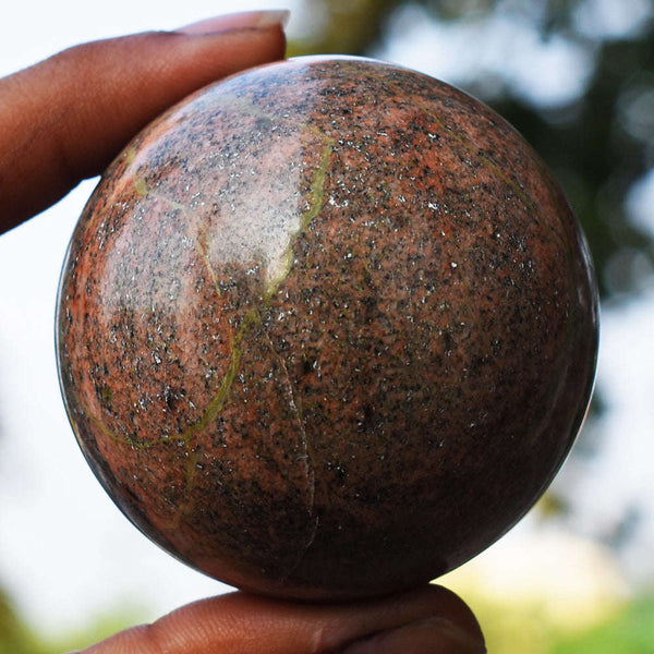 gemsmore:Exclusive  Blood Green Unakite Hand Carved Healing Crystal Sphere