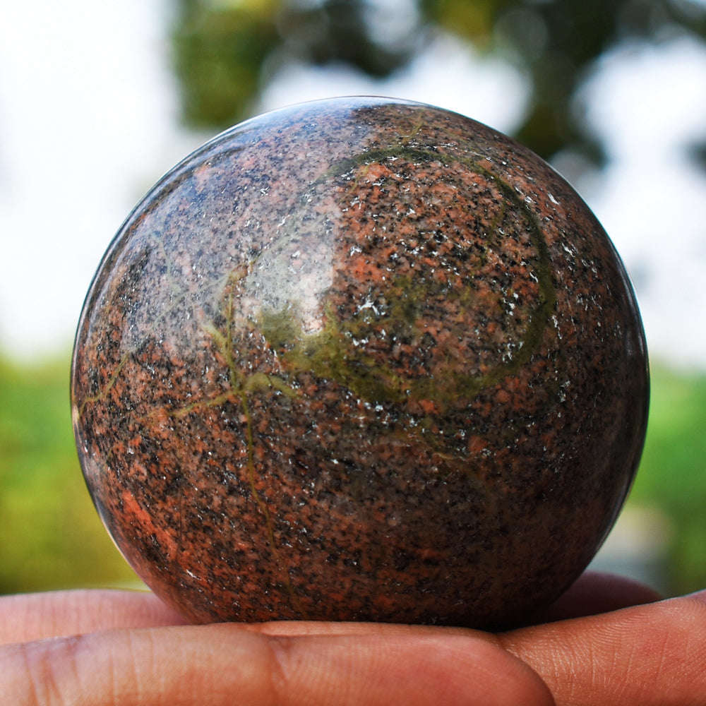 gemsmore:Exclusive  Blood Green Unakite Hand Carved Healing Crystal Sphere