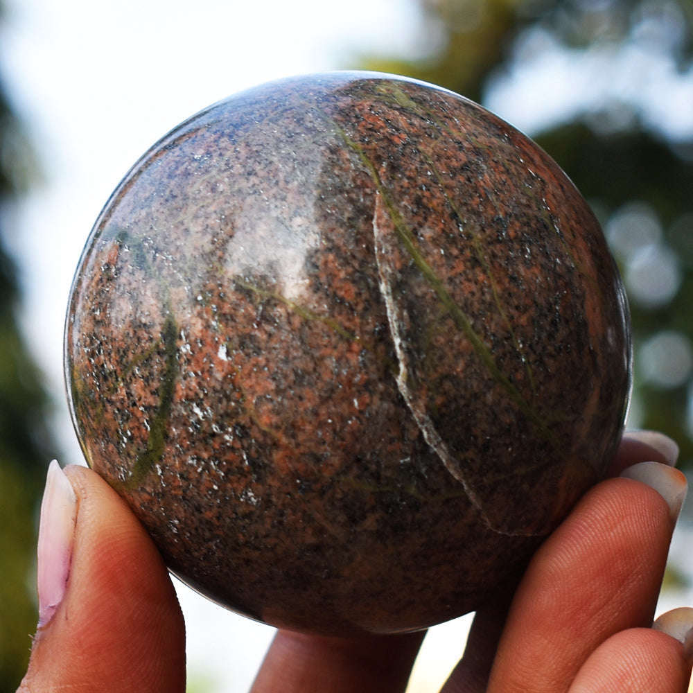 gemsmore:Exclusive  Blood Green Unakite Hand Carved Healing Crystal Sphere