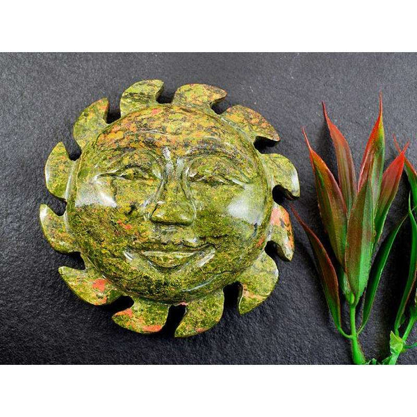 gemsmore:Exclusive Blood Green Unakite Hand Carved Sun Face