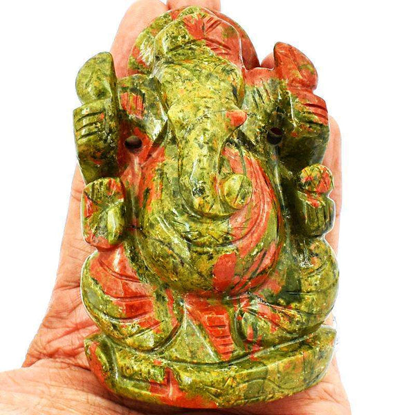 gemsmore:Exclusive Blood Green Unakite Lord Ganesha Idol