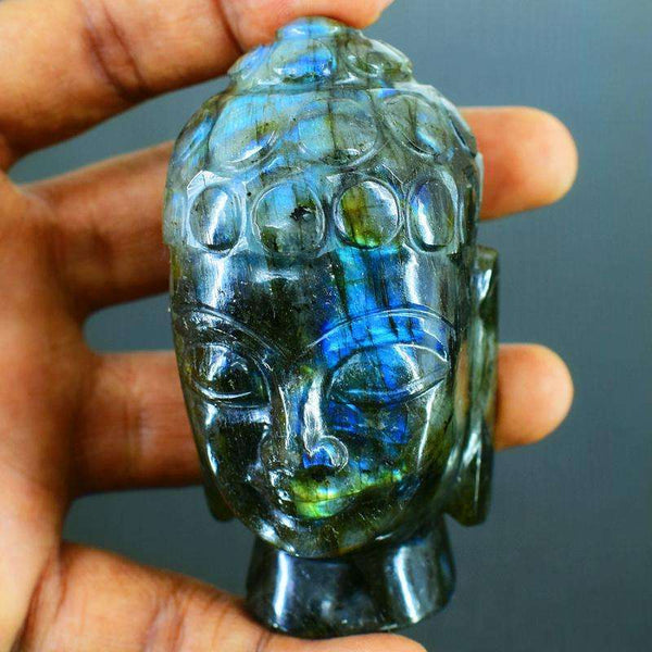 gemsmore:Exclusive Blue Flash Labradorite Carved Lord Buddha Head