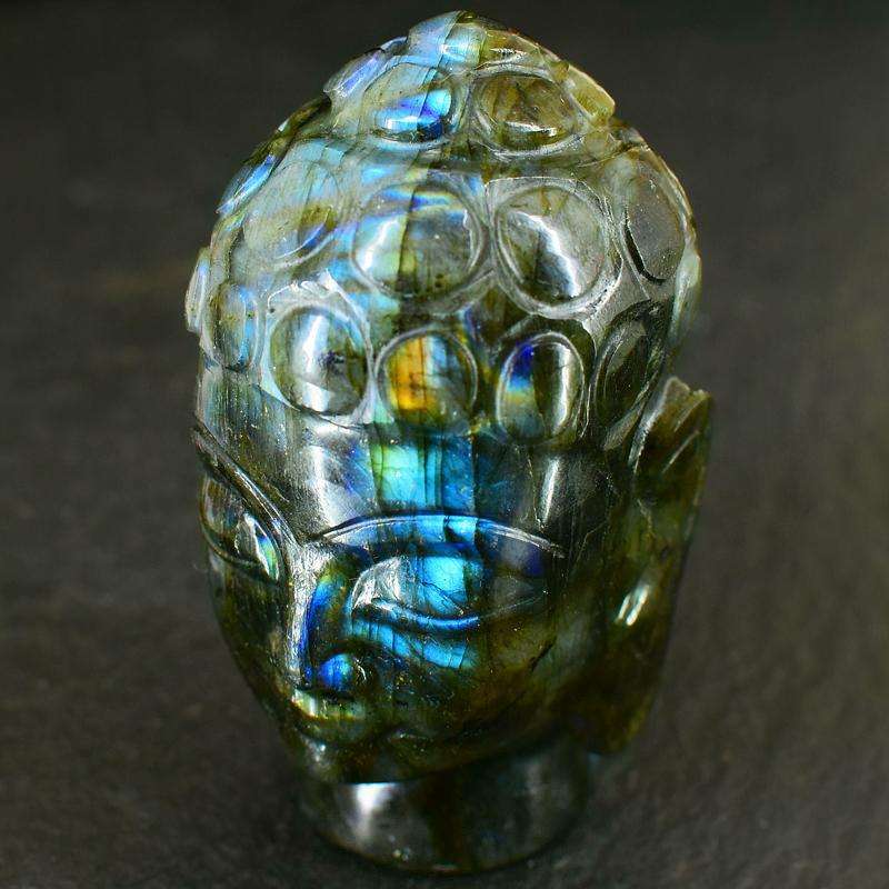 gemsmore:Exclusive Blue Flash Labradorite Carved Lord Buddha Head