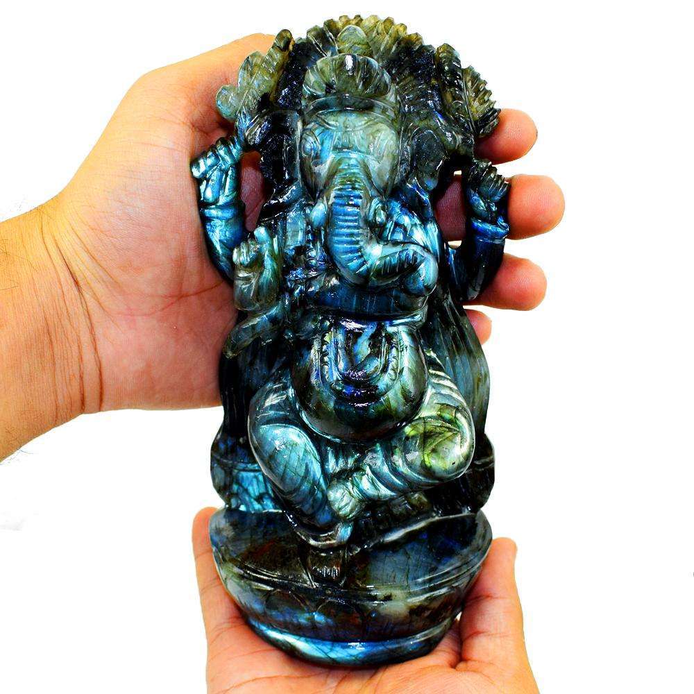 gemsmore:Exclusive Blue Flash Labradorite Carved Lord Ganesha Idol Statute