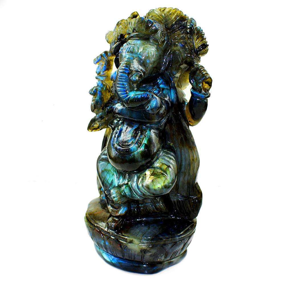 gemsmore:Exclusive Blue Flash Labradorite Carved Lord Ganesha Idol Statute