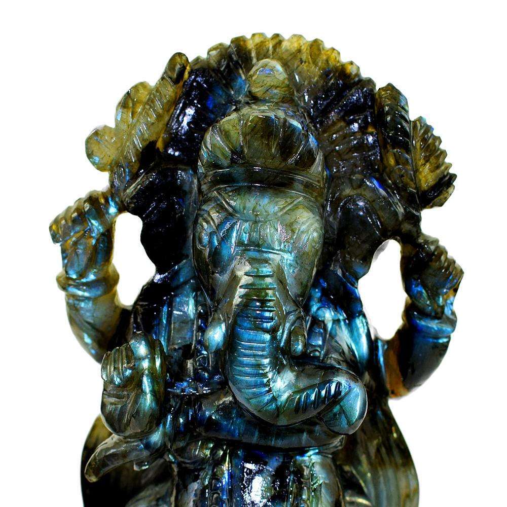 gemsmore:Exclusive Blue Flash Labradorite Carved Lord Ganesha Idol Statute