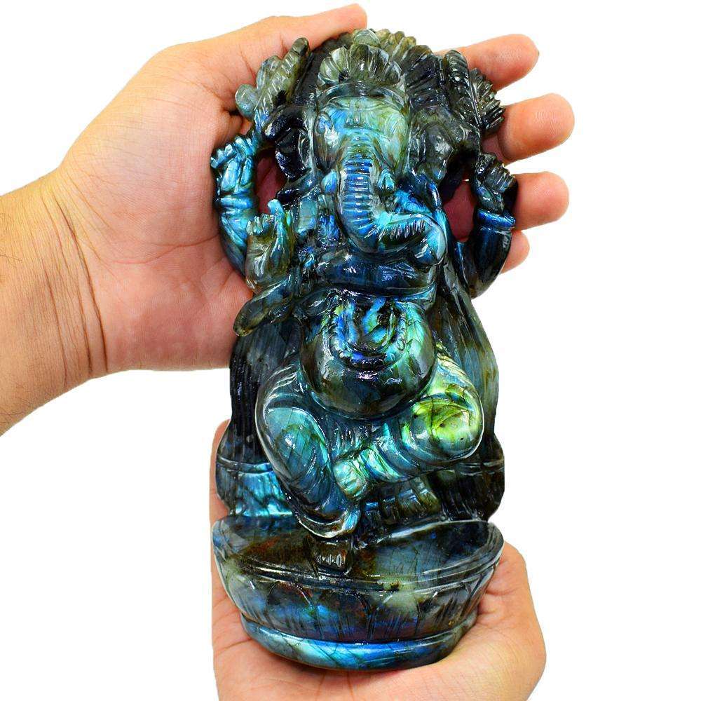 gemsmore:Exclusive Blue Flash Labradorite Carved Lord Ganesha Idol Statute