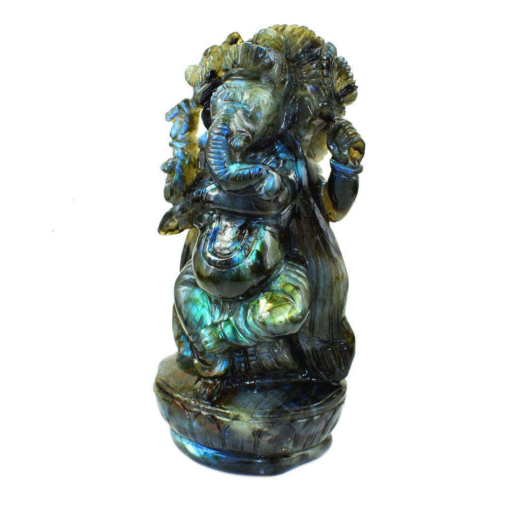 gemsmore:Exclusive Blue Flash Labradorite Carved Lord Ganesha Idol Statute