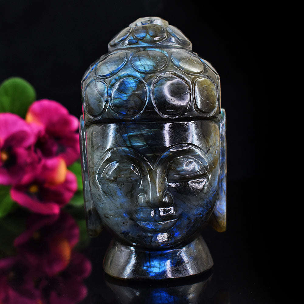 gemsmore:Exclusive Blue Flash Labradorite Hand Carved Buddha Head
