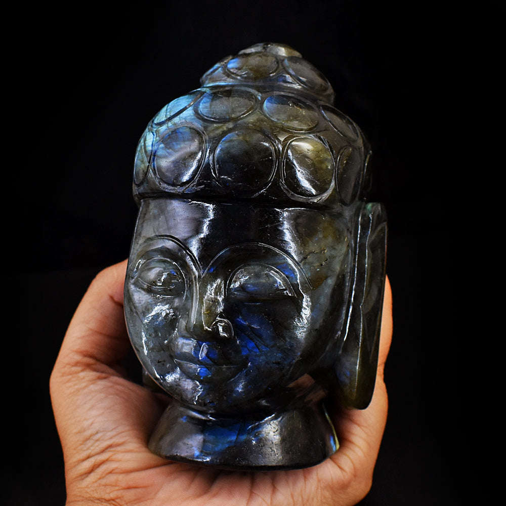gemsmore:Exclusive Blue Flash Labradorite Hand Carved Buddha Head