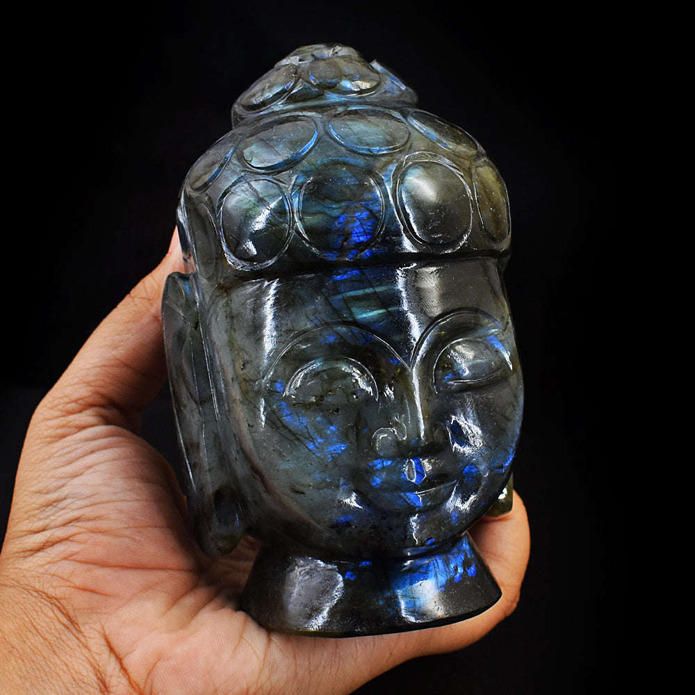 gemsmore:Exclusive Blue Flash Labradorite Hand Carved Buddha Head