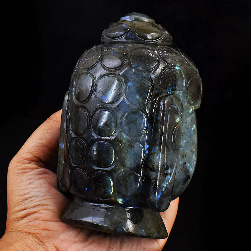gemsmore:Exclusive Blue Flash Labradorite Hand Carved Buddha Head