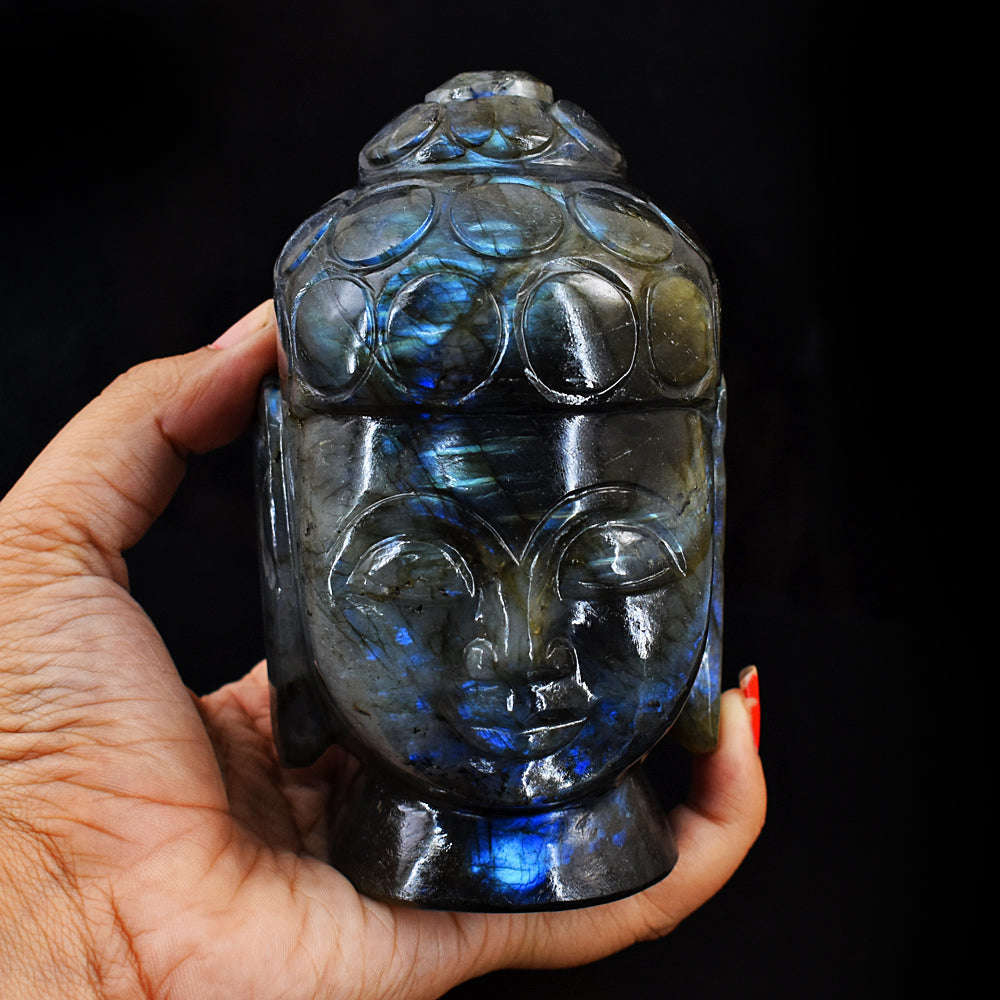 gemsmore:Exclusive Blue Flash Labradorite Hand Carved Buddha Head