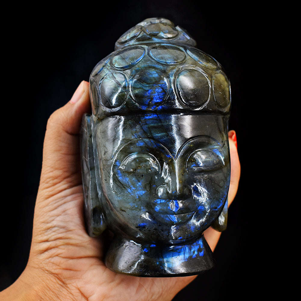 gemsmore:Exclusive Blue Flash Labradorite Hand Carved Buddha Head