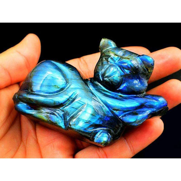 gemsmore:Exclusive Blue Flash Labradorite Hand Carved Cat