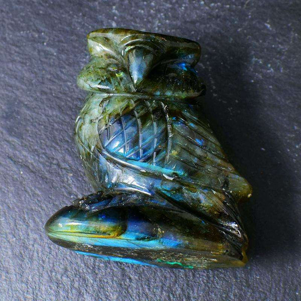 gemsmore:Exclusive Blue Flash Labradorite Hand Carved Gemstone Owl