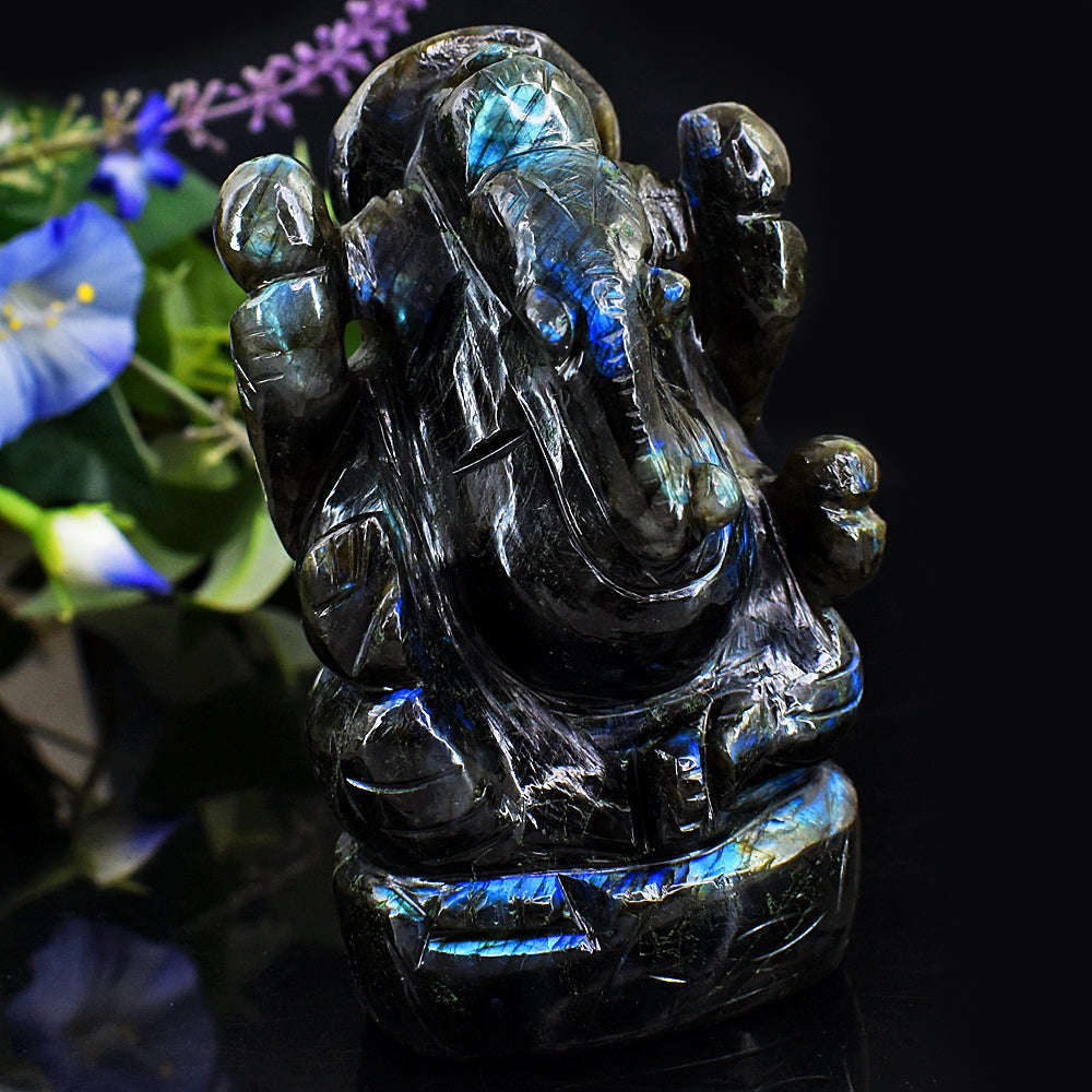 gemsmore:Exclusive Blue Flash Labradorite  Hand Carved Lord Ganesha