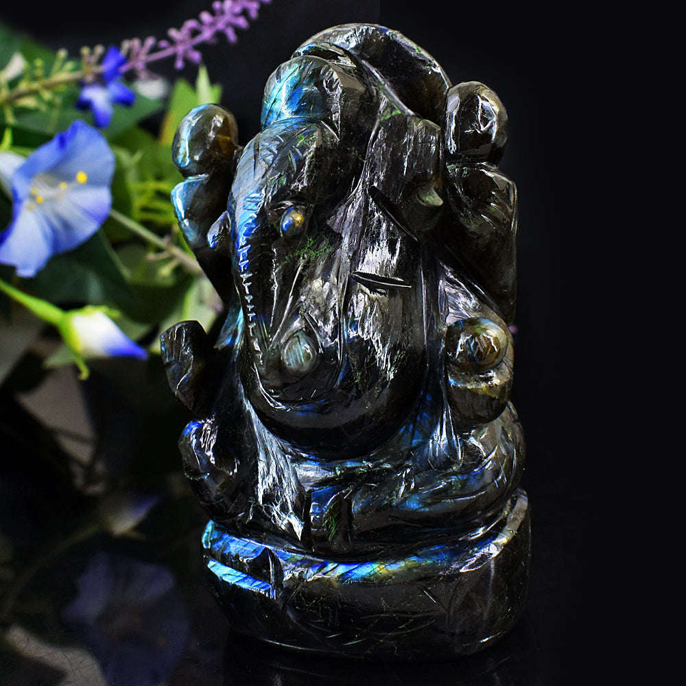 gemsmore:Exclusive Blue Flash Labradorite  Hand Carved Lord Ganesha