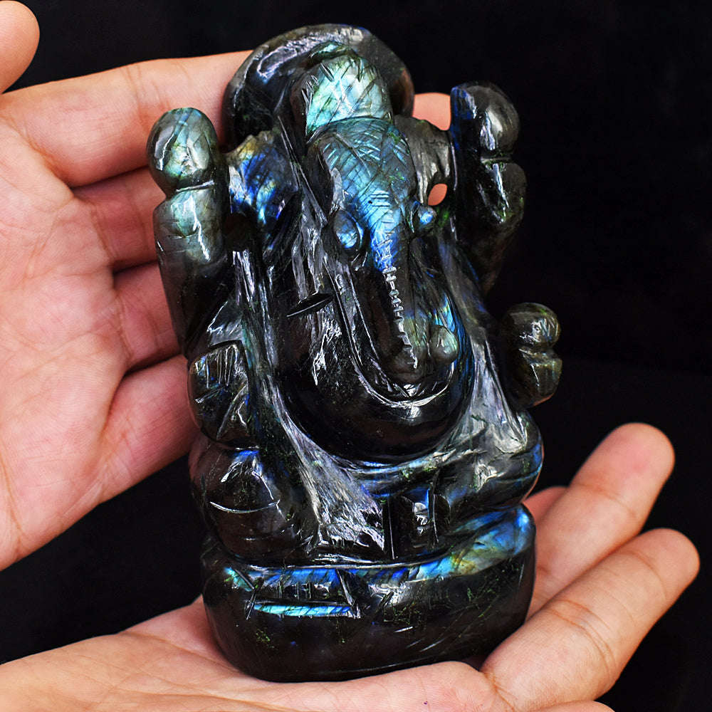 gemsmore:Exclusive Blue Flash Labradorite  Hand Carved Lord Ganesha