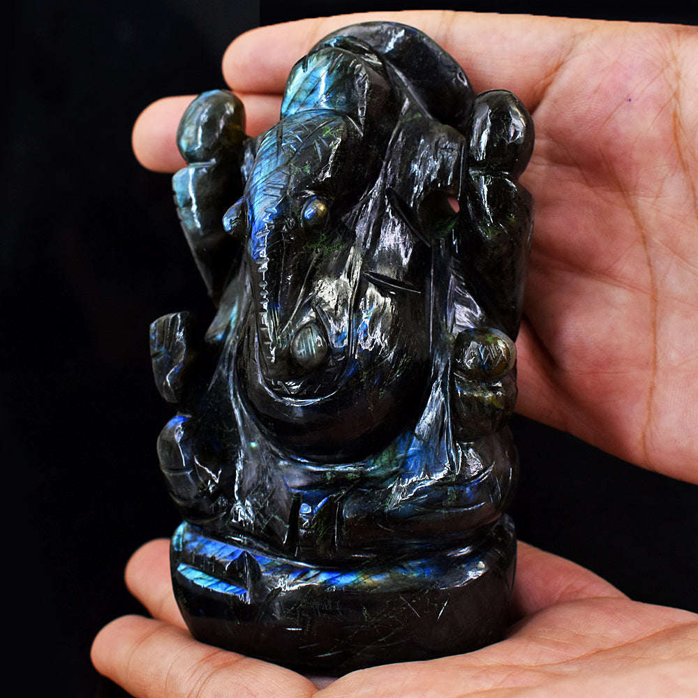 gemsmore:Exclusive Blue Flash Labradorite  Hand Carved Lord Ganesha