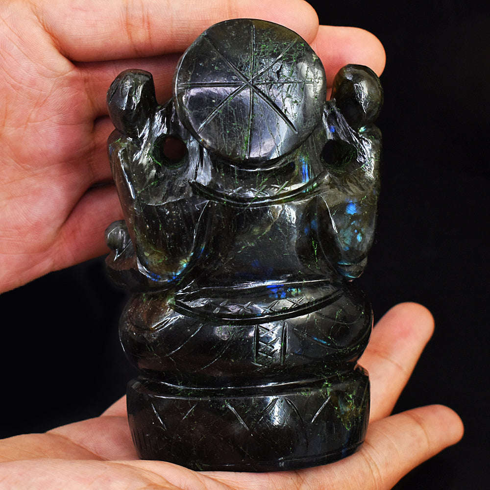 gemsmore:Exclusive Blue Flash Labradorite  Hand Carved Lord Ganesha