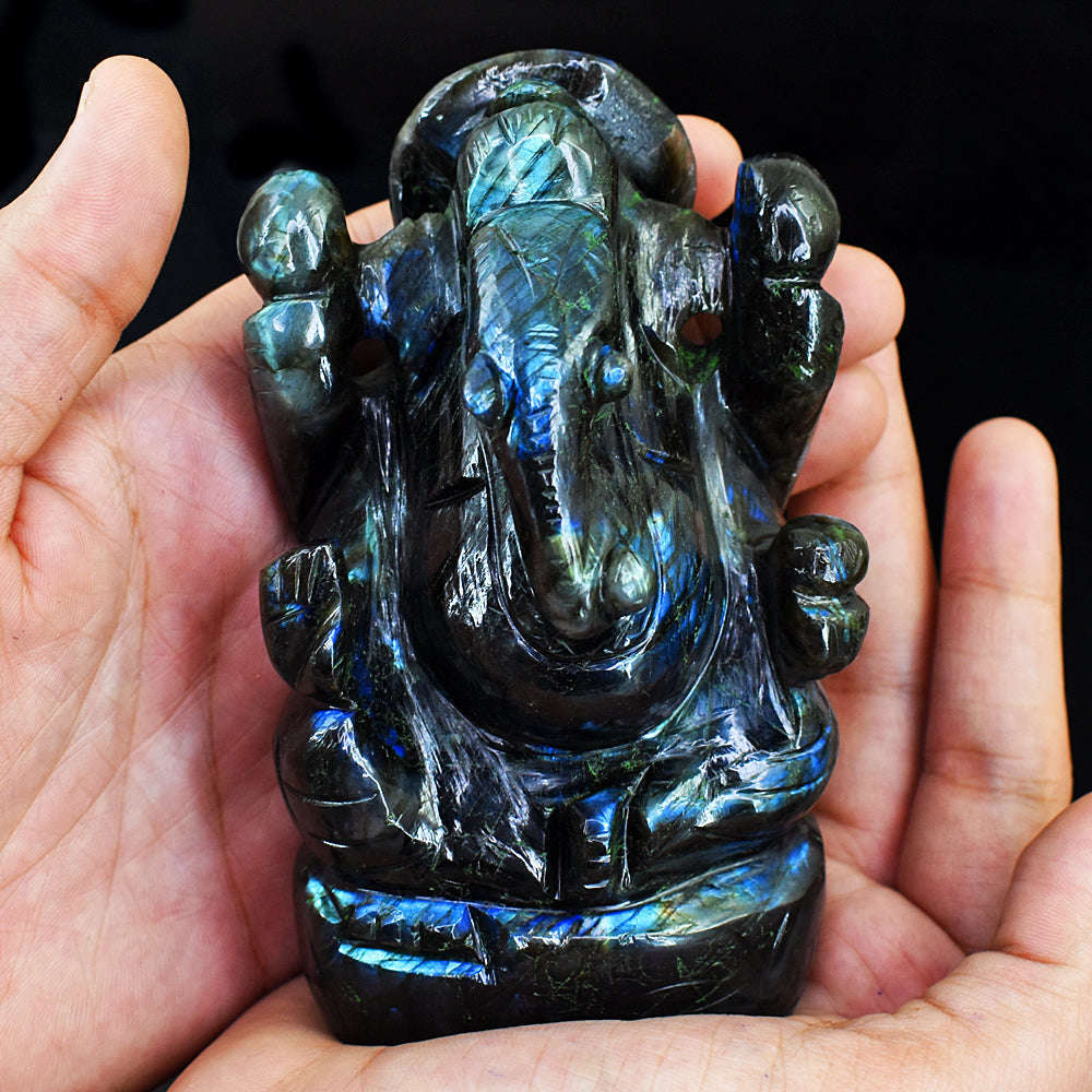 gemsmore:Exclusive Blue Flash Labradorite  Hand Carved Lord Ganesha