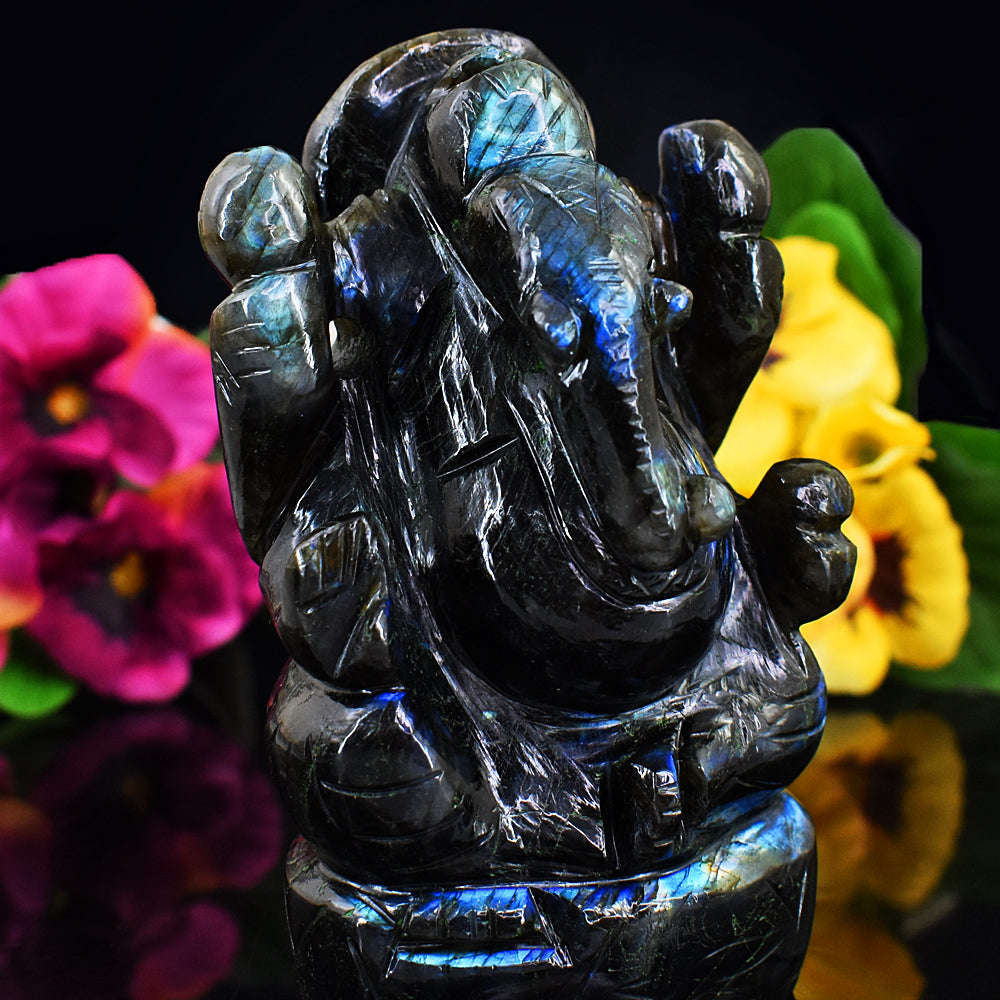 gemsmore:Exclusive Blue Flash Labradorite  Hand Carved Lord Ganesha