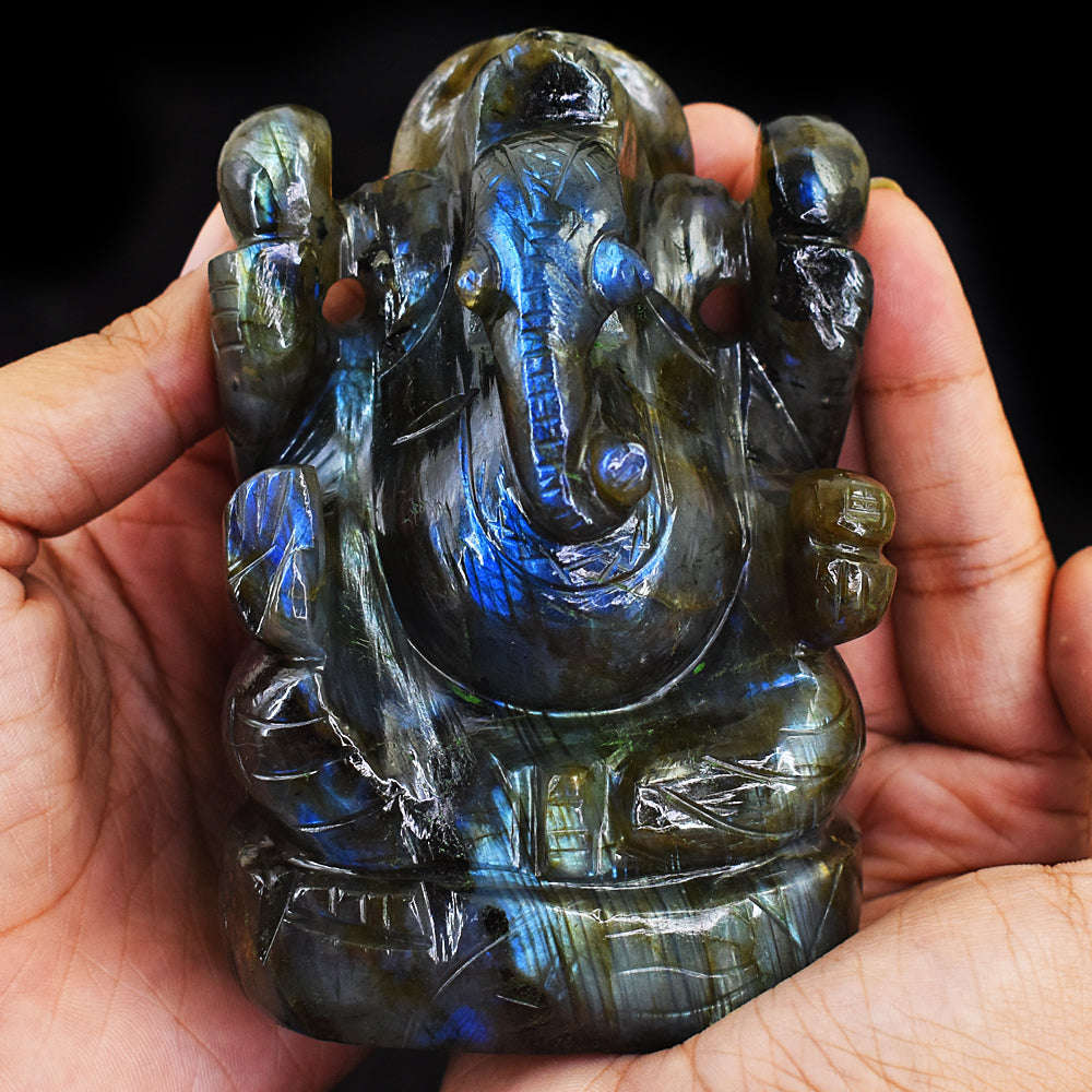 gemsmore:Exclusive Blue Flash Labradorite Hand Carved Lord Ganesha
