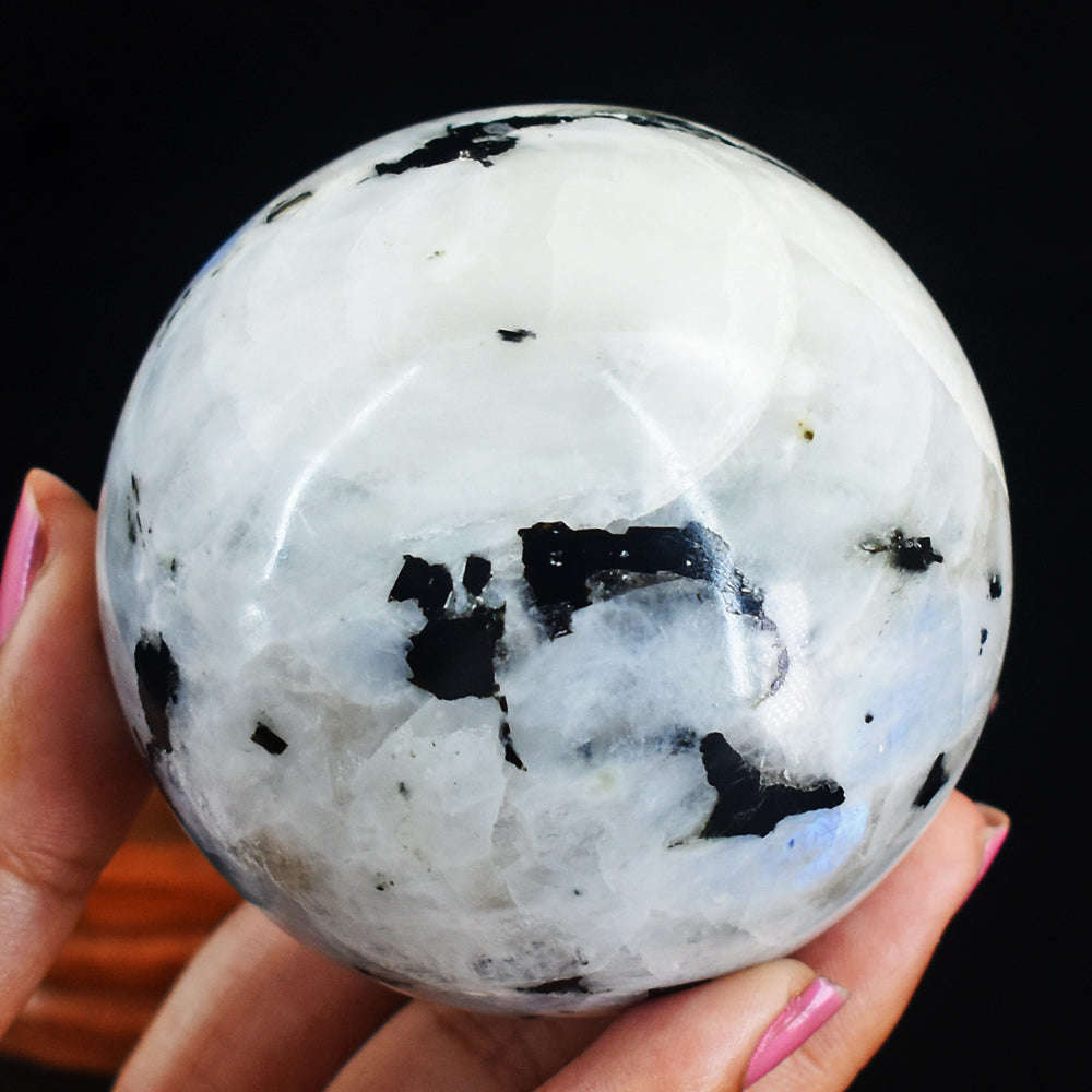 gemsmore:Exclusive  Blue Flash Moonstone Carved Healing Sphere Carving Gemstone