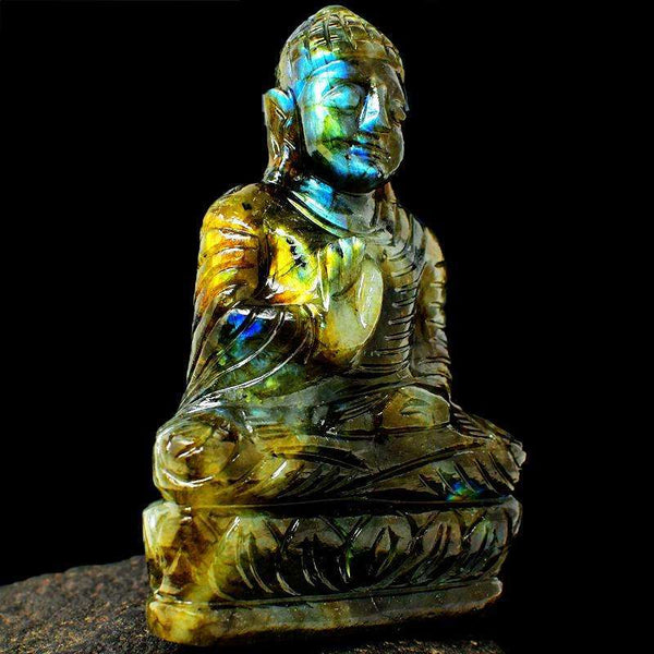 gemsmore:Exclusive Blue & Golden Flash Labradorite Carved Buddha