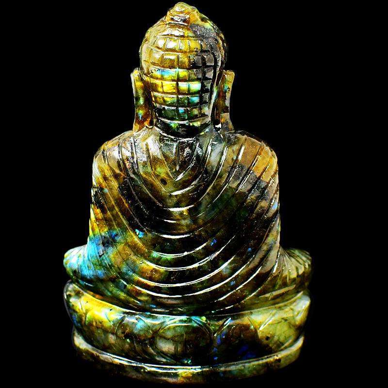 gemsmore:Exclusive Blue & Golden Flash Labradorite Carved Buddha