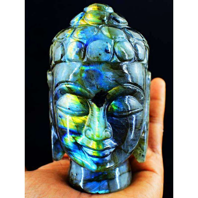 gemsmore:Exclusive Blue & Golden Flash Labradorite Hand Carved Buddha Head