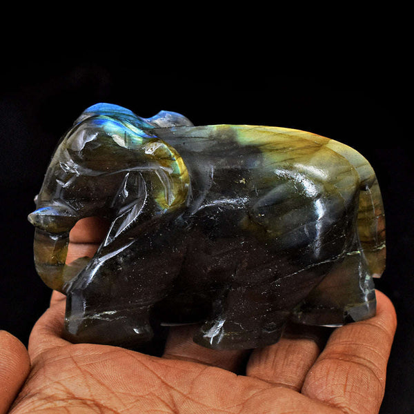 gemsmore:Exclusive Blue & Golden Flash Labradorite  Hand Carved Genuine Crystal Gemstone Carving Elephant