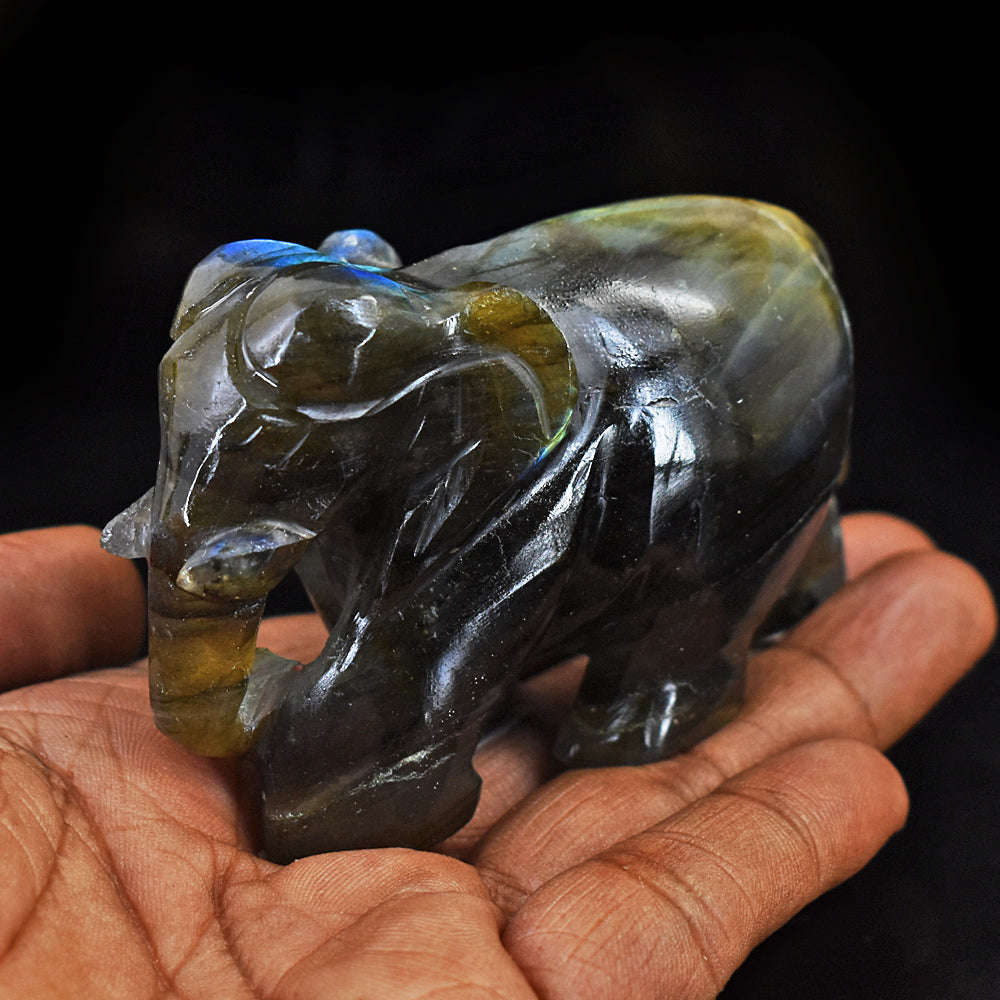 gemsmore:Exclusive Blue & Golden Flash Labradorite  Hand Carved Genuine Crystal Gemstone Carving Elephant